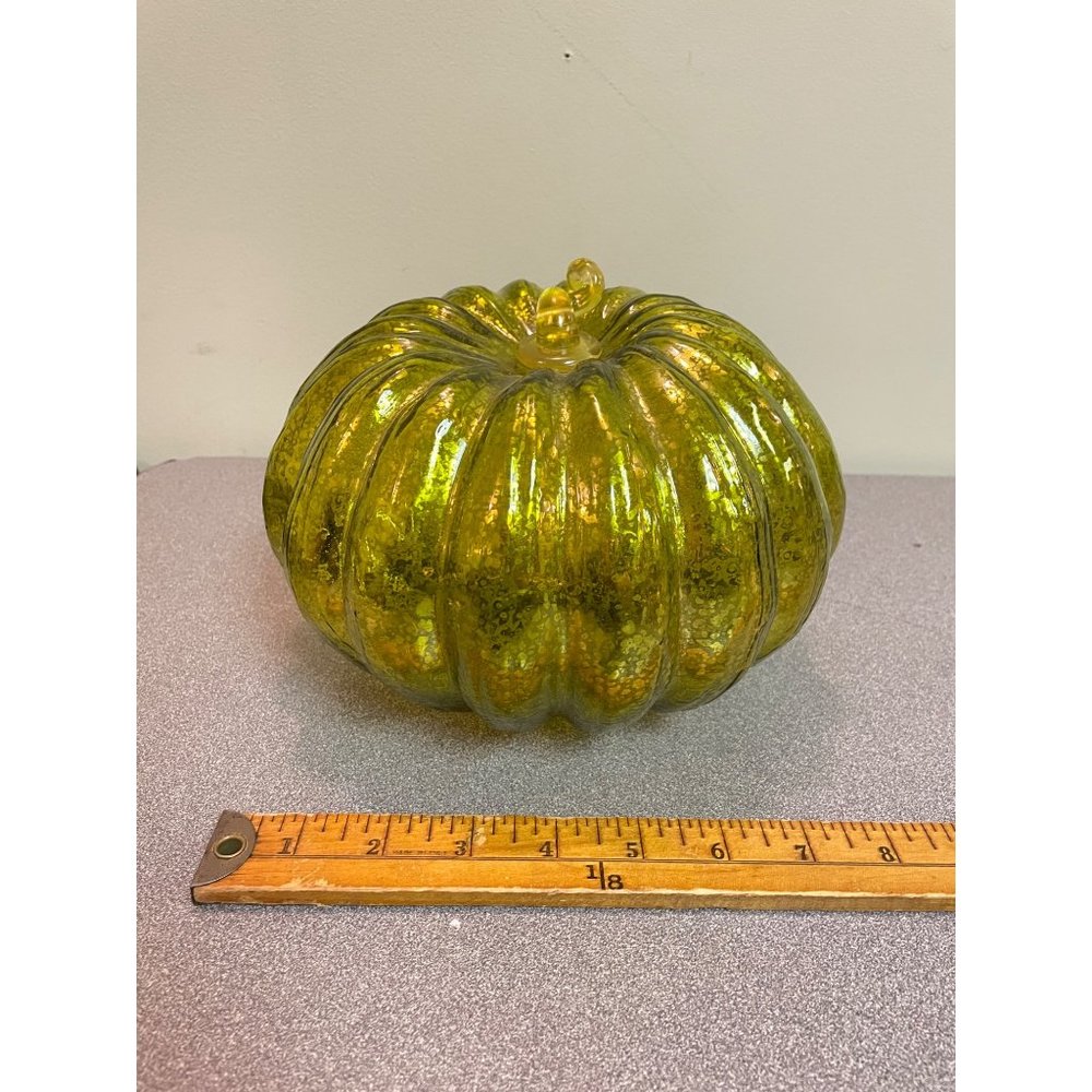 Vintage Hollow Glass Pumpkin 8" Diameter Green/Yellow Color Thanksgiving Fall